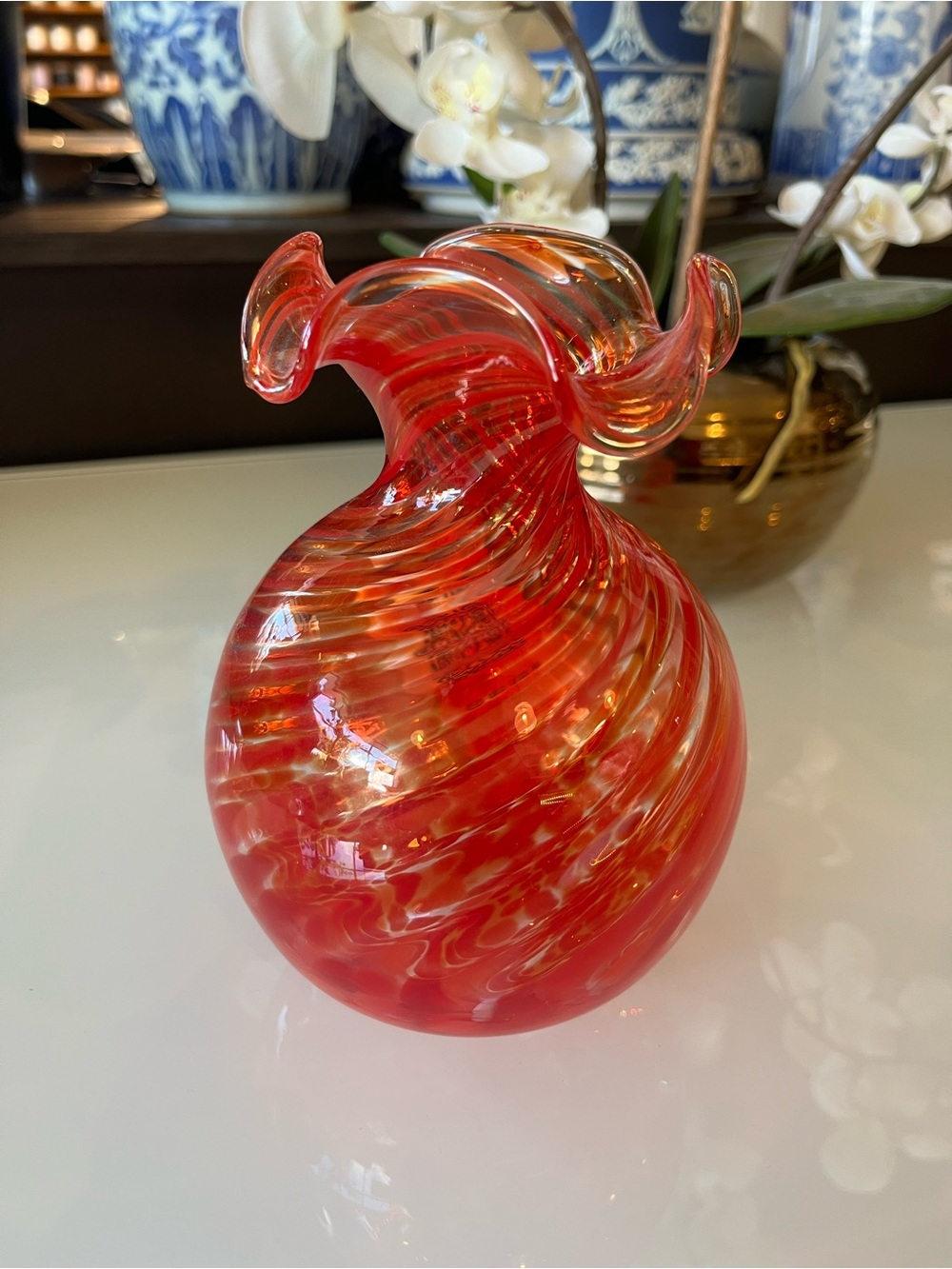 Murano Red and Gold Swirl Handblown Glass Vase